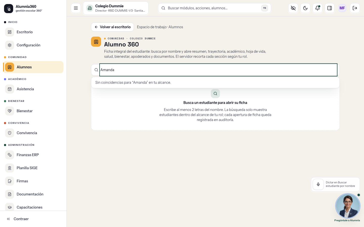 Ficha Alumno 360 de Alumnia360: trayectoria longitudinal, progreso OA y bitácora