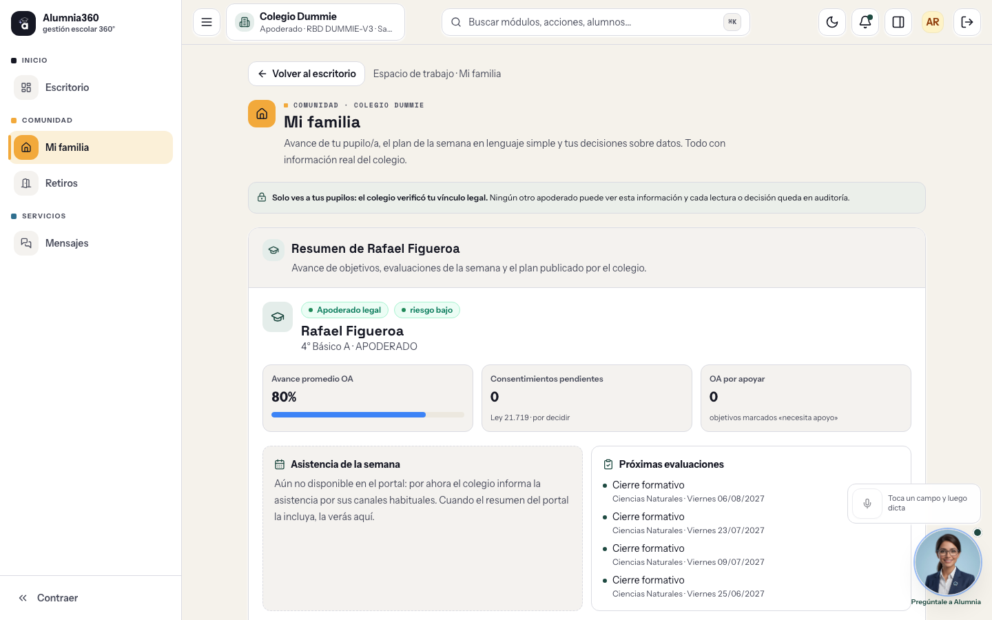 Portal apoderado con resumen familiar y planes semanales