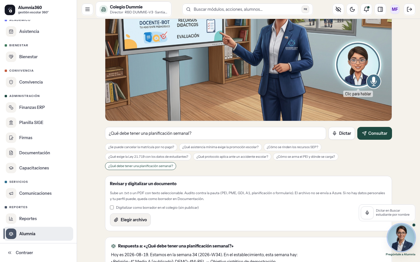 Asistente Alumnia: responde con fuentes citadas sobre el portal y la normativa escolar chilena