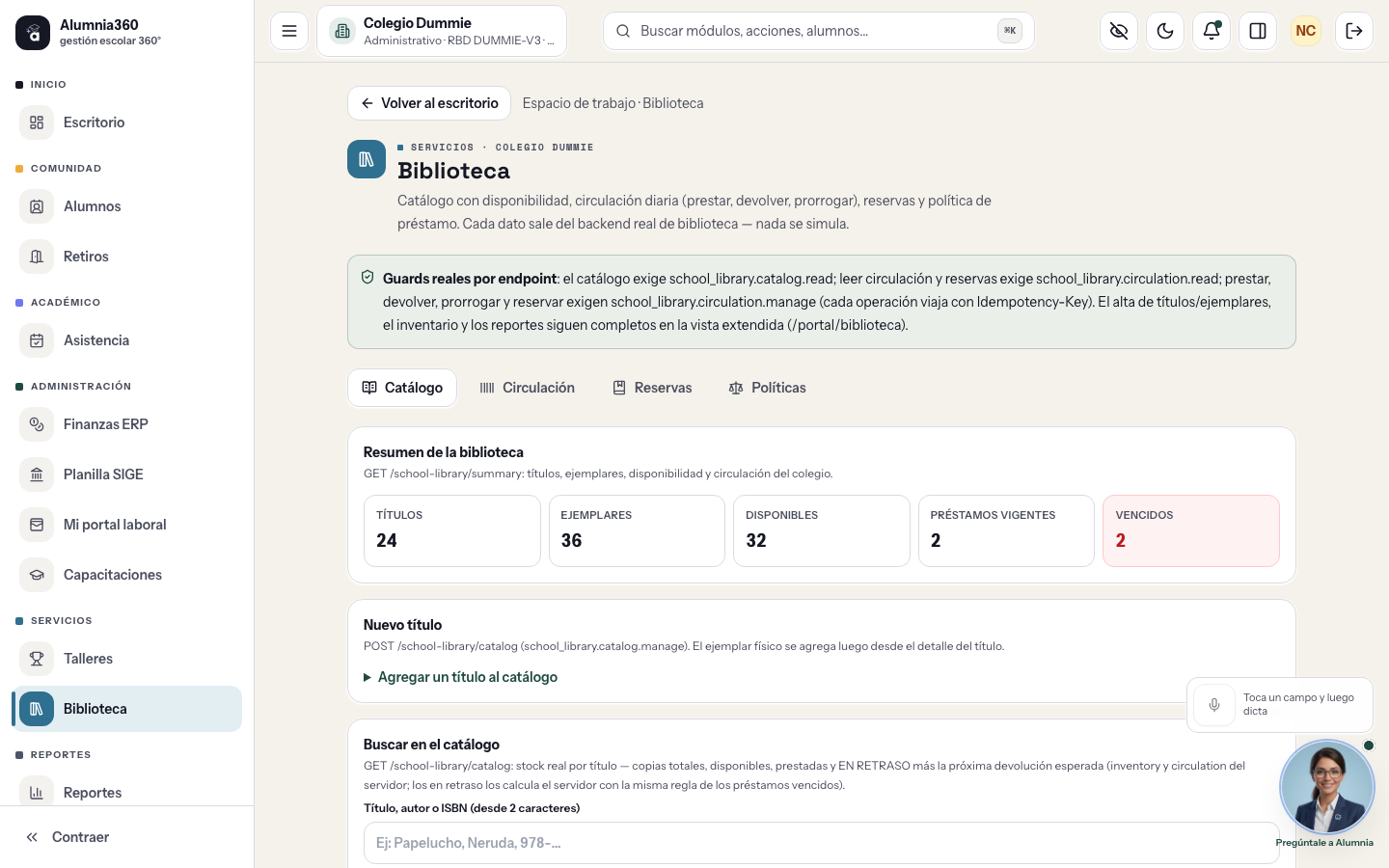 Módulo de Biblioteca escolar de Alumnia360 con catálogo, ejemplares y gestión de préstamos