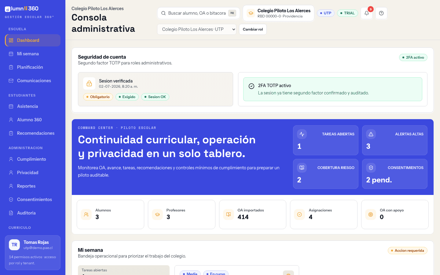 Consola administrativa de Alumnia360: tareas, alertas y cobertura curricular por curso