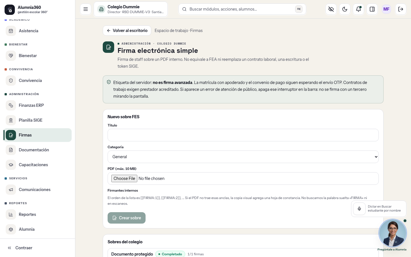 Módulo Firmas de Alumnia360: firma electrónica simple de PDF internos, no es FEA