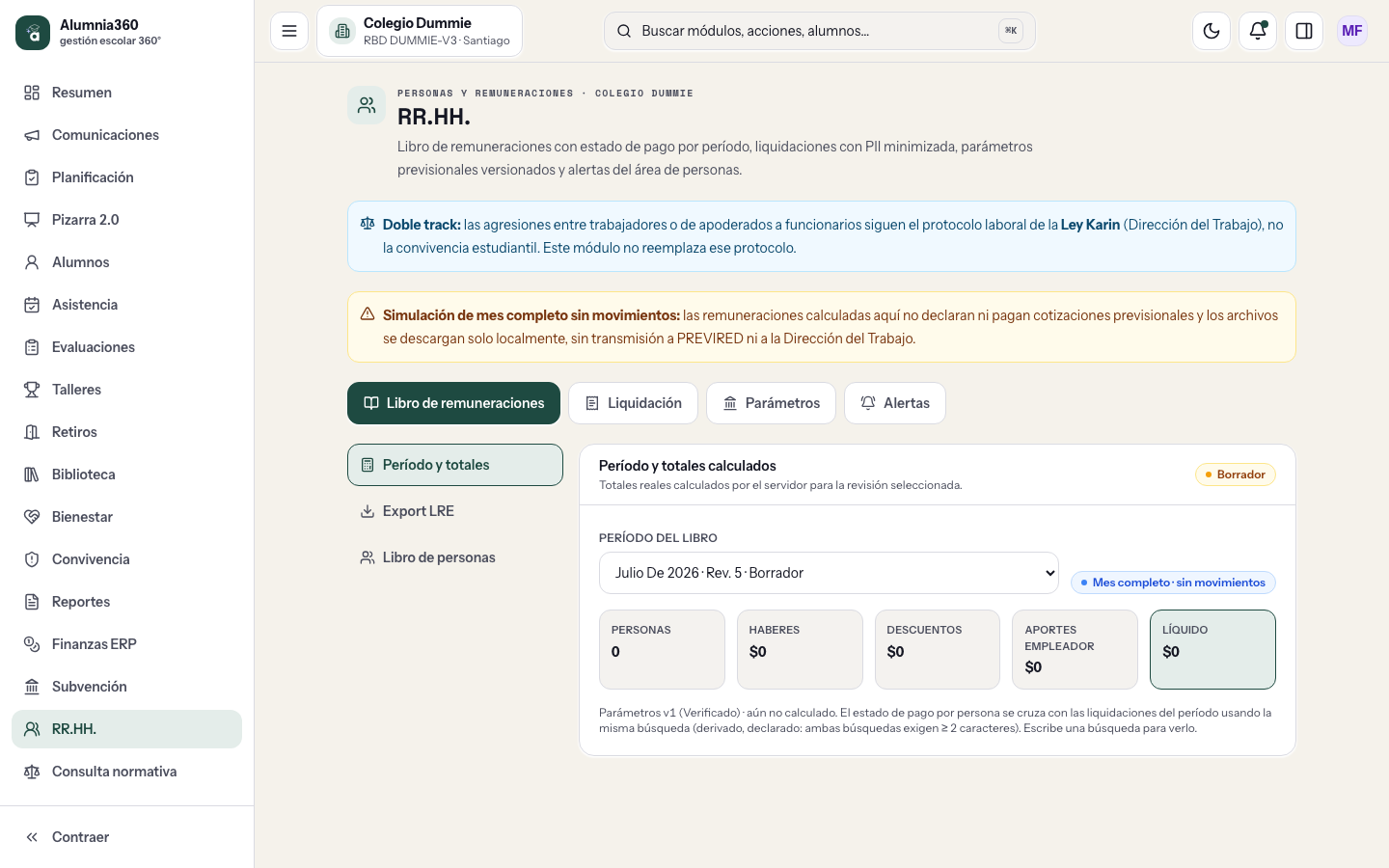 Módulo de Recursos Humanos de Alumnia360 con resumen del período mensual, personal y estado de liquidaciones