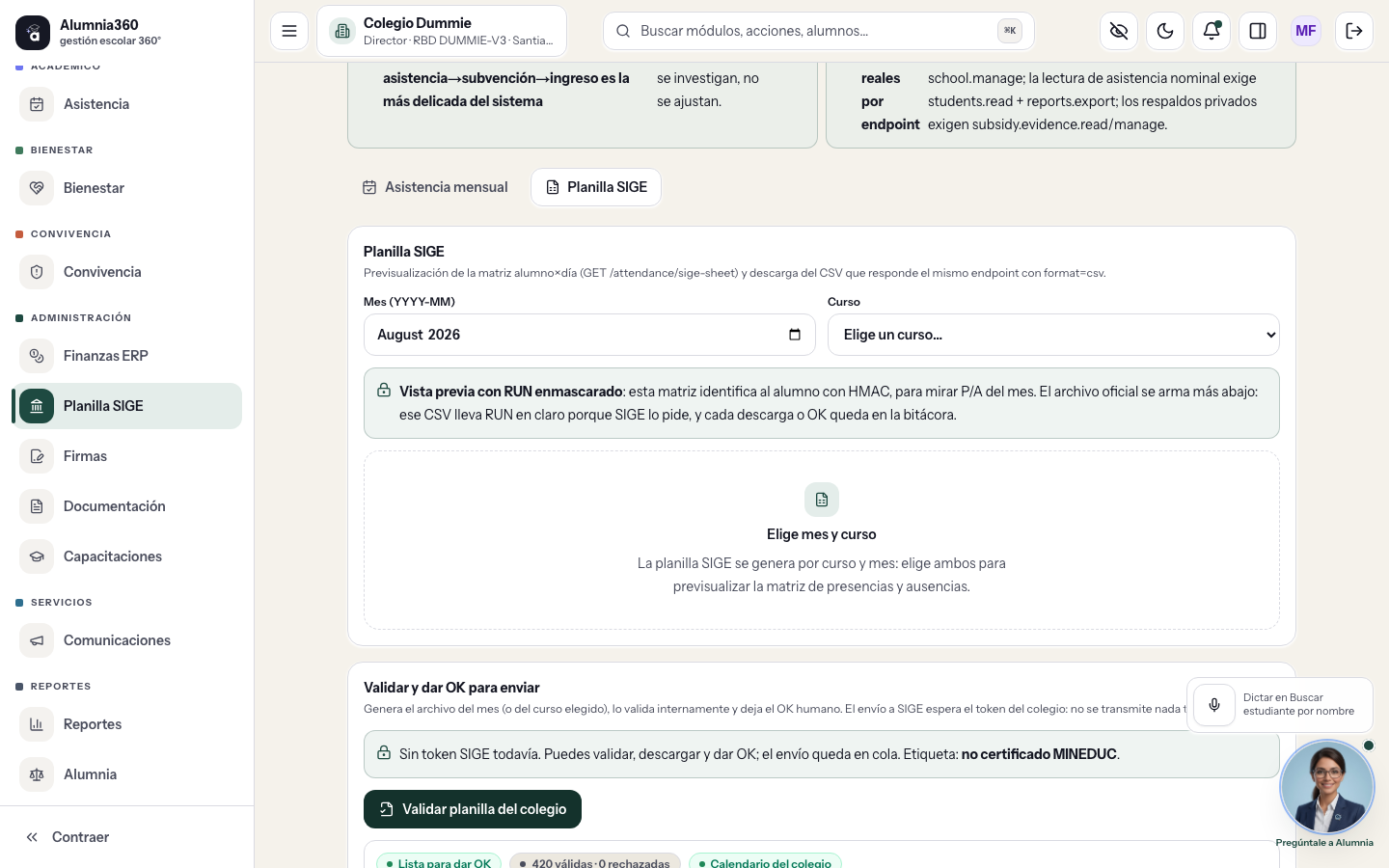 Planilla SIGE de Alumnia360: validar, descargar y dar OK humano. El envío espera el token institucional
