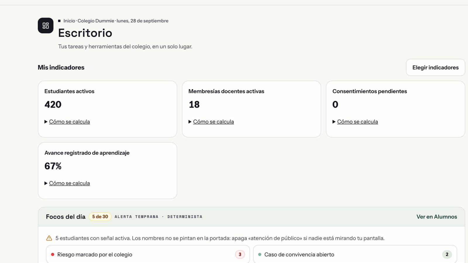 Captura del Escritorio con indicadores de estudiantes, membresías docentes, consentimientos y avance de aprendizaje