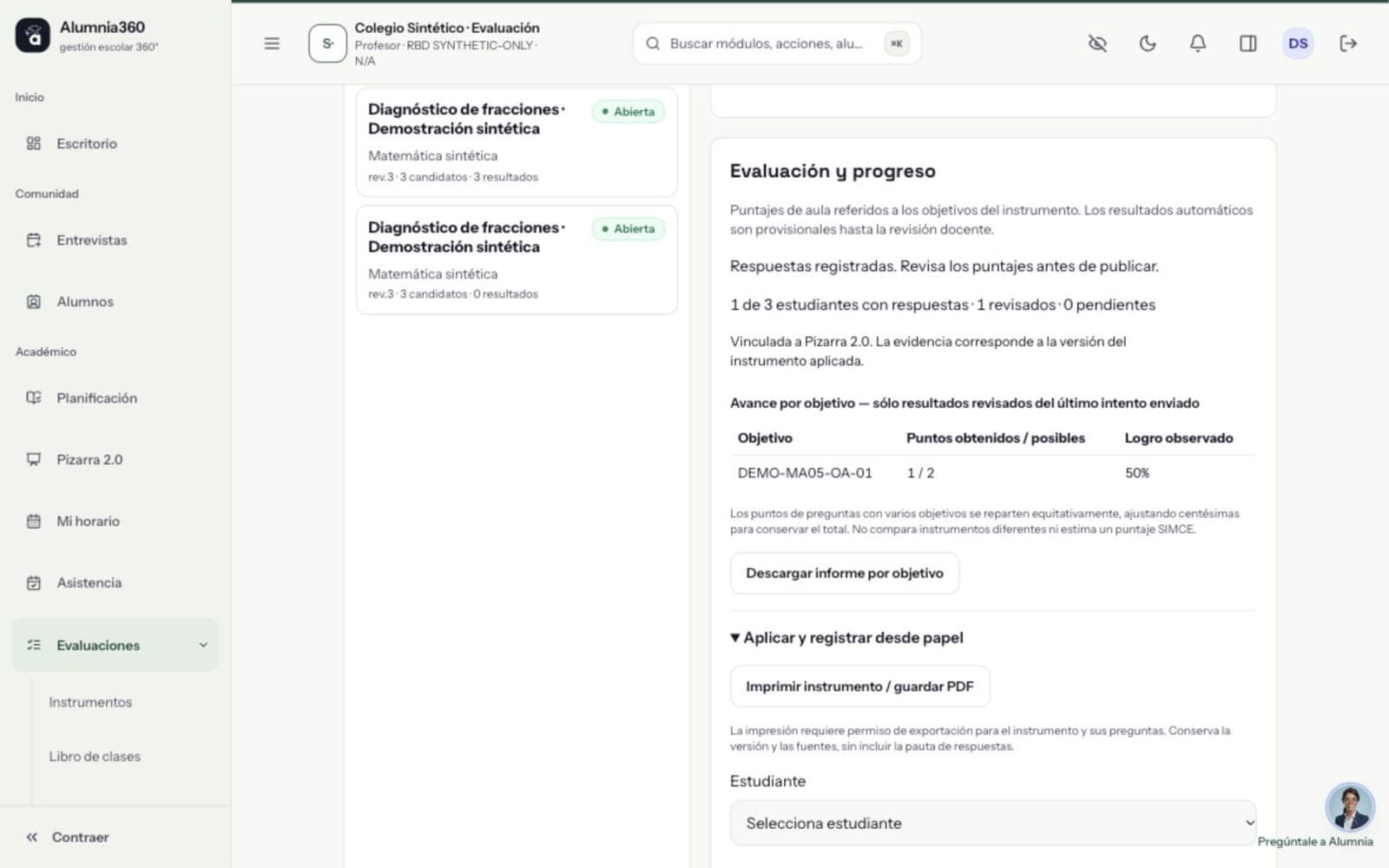 Captura de Evaluación y progreso con el avance por objetivo de un instrumento